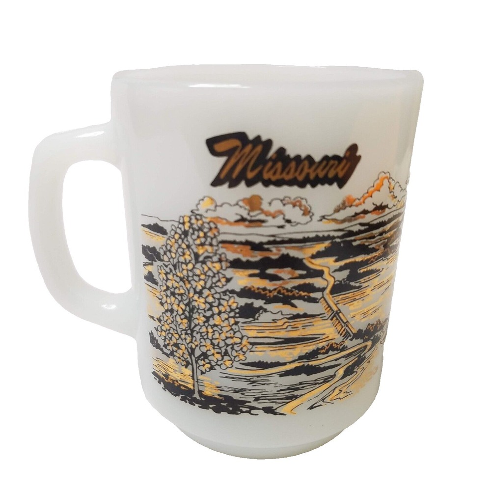 Anchor Hocking Missouri The Ozarks Milk White‎ Coffee Tea Mug Gold Black Design